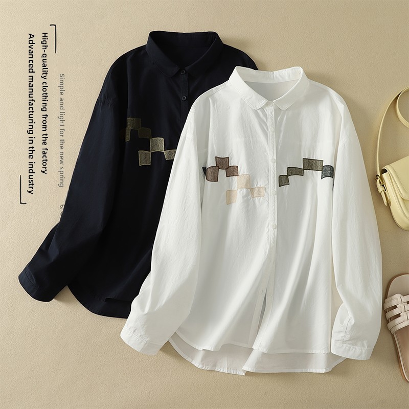 Embroidery Cotton Shirt - Elegancka, geometryczna koszula z długim rękawem,