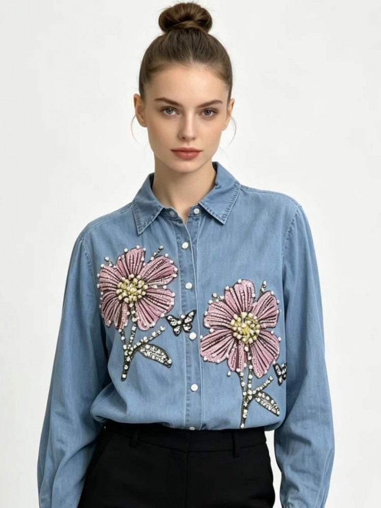 Damskie dżinsowe bluzki z haft – Embroidery Cotton Shirt recenzja i cena
